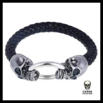 Bracelet Tête de Mort en Cuir et Acier Inoxydable - Crâne Passion