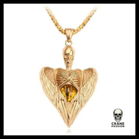 Collier Tête de Mort Ailes Dorees - Crâne Passion