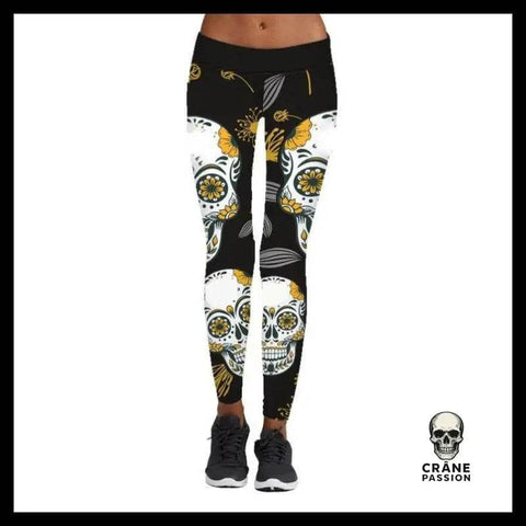 Legging Tête de Mort Fleurs Jaune - Crâne Passion