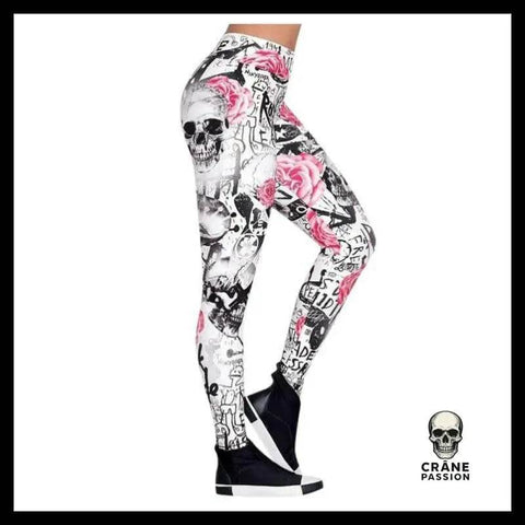 Legging Tête de Mort Fleurs Roses - Crâne Passion
