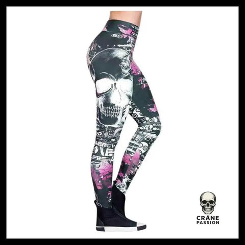 Legging Tête de Mort Fleurs Violettes - Crâne Passion