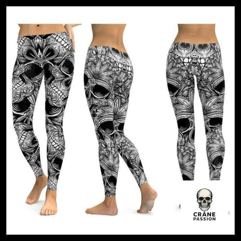Legging Tête de Mort Gris Plantes Tropicales - Crâne Passion