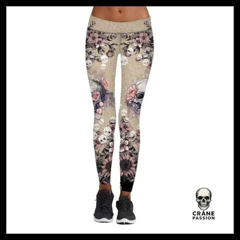 Legging Tête de Mort Tournesols Roses - Crâne Passion