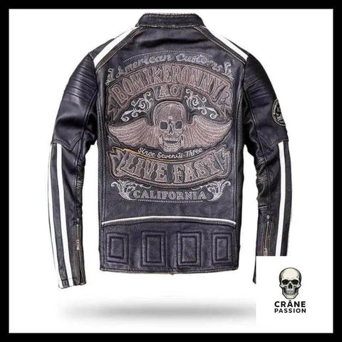Veste Moto Tête de Mort (Cuir) - Crâne Passion